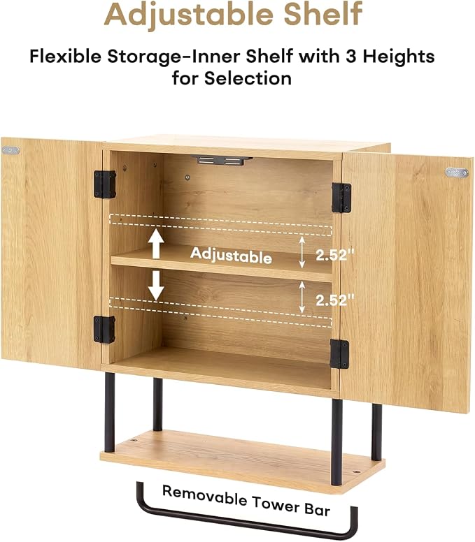 Fluted Bathroom Wall Cabinet,Wooden Medicine Cabinet with Towel Bar Oak | Fernitry Over the toilet Storage Cabinet Wall Mounted with Adjustable Shelf and Towel Bar 3-Tier 2 Doors Curved Modern