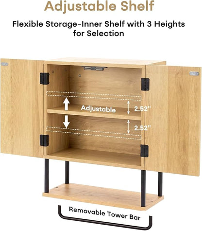 Fluted Bathroom Wall Cabinet,Wooden Medicine Cabinet with Towel Bar Oak | Fernitry Over the toilet Storage Cabinet Wall Mounted with Adjustable Shelf and Towel Bar 3-Tier 2 Doors Curved Modern