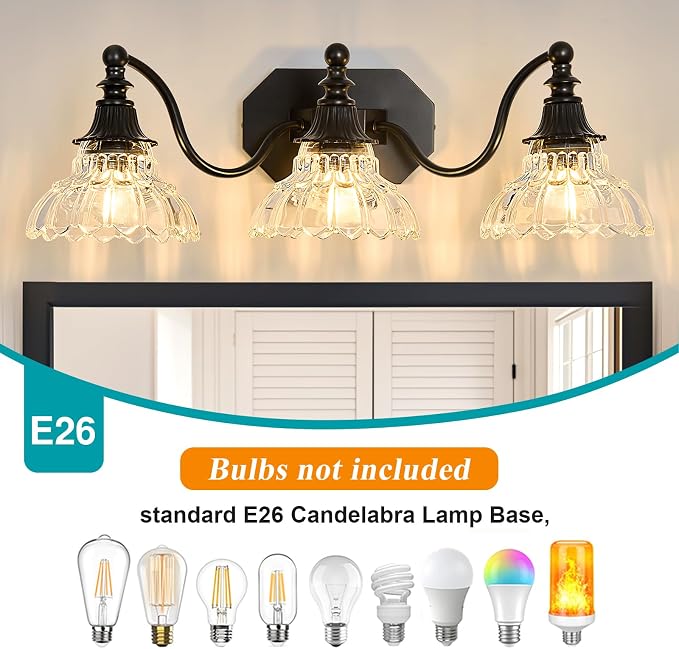 hesoge Farmhouse Bathroom Light Fixture Vintage Vanity Light with Crystal Glass Shade Black 3 Light Wall Mount Lamp Over Mirror