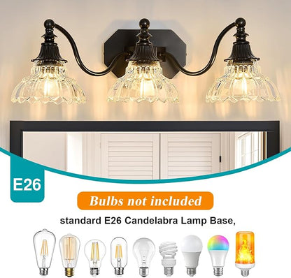 hesoge Farmhouse Bathroom Light Fixture Vintage Vanity Light with Crystal Glass Shade Black 3 Light Wall Mount Lamp Over Mirror