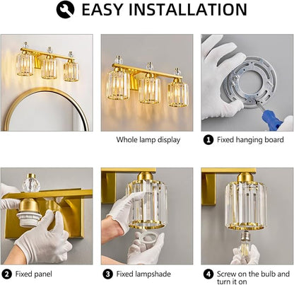 Bathroom Vanity Lights 3-Light Gold Modern Crystal Vanity Light Fixtures Over Mirror Crystal Bathroom Vanity Lighting Fixtures