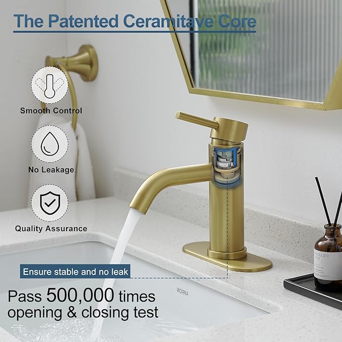 Gold Bathroom Faucets, Modern Single Handle Brushed Gold Vanity Sink Faucet 1 Hole with 3 Hole Deck Plate, Rv Sink Camper Farmhouse Bathroom Utility Remodel Faucet
