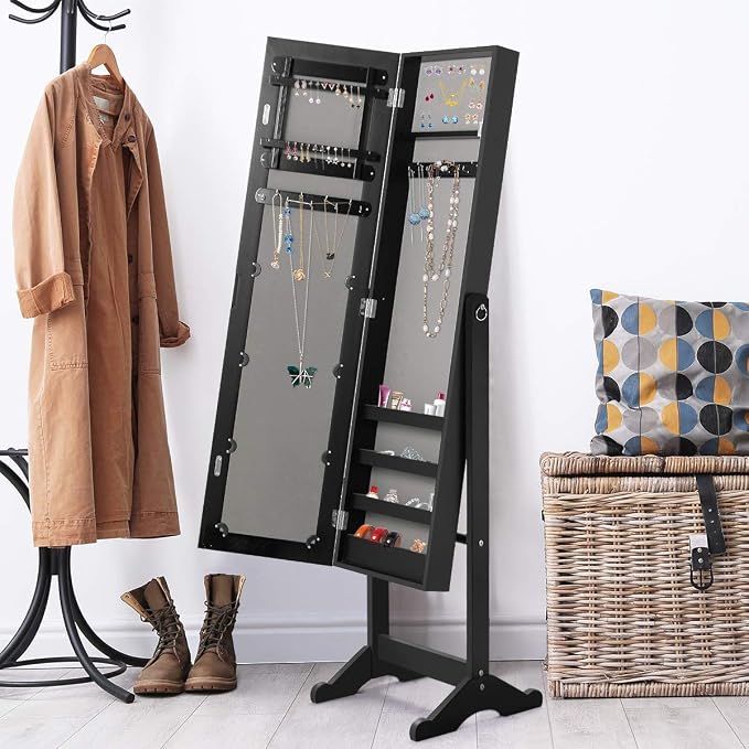 HOMGX Wood Standing Jewelry Cabinet, Jewelry Armoire with Mirror, Jewelry Organizer Storage (Black)