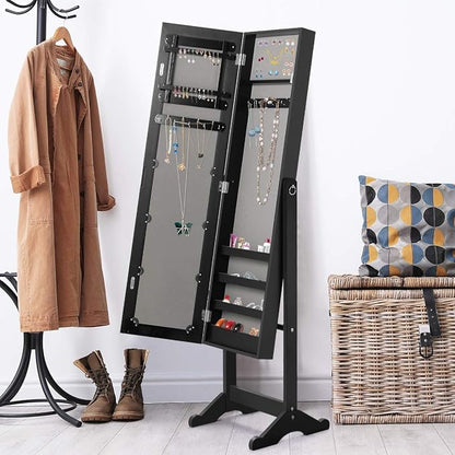 HOMGX Wood Standing Jewelry Cabinet, Jewelry Armoire with Mirror, Jewelry Organizer Storage (Black)