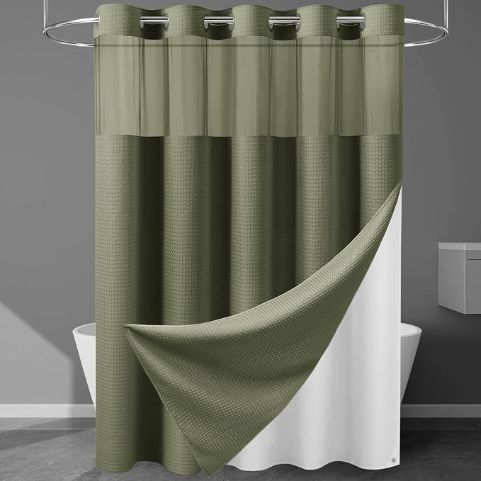 EUTXL Heavyweight Sage Green Hotel Shower Curtain - 256GSM Waffle Textured Heavy Duty Thick Fabric Shower Curtains for Bathroom,71W x 74H