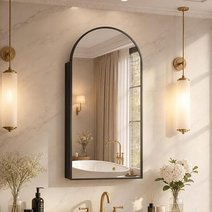 FKWin Mirrored Medicine Cabinets for Bathroom, Arched Mirror with Storage | Arched Mirrored Medicine Cabinet, Easy Install, Adjustable Shelves, Reversible Door, Bathroom Upgrade, 16x32 Inch, Black