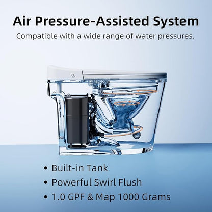 Non Electric One Piece Toilet, 10" Rough in, 1000g Map & 1.0 GPF, 17.3" ADA & Elongated Tankless Toilet for Bathroom, Powerful Air Pressure Assisted Flush System, Foot Kick Flush Included