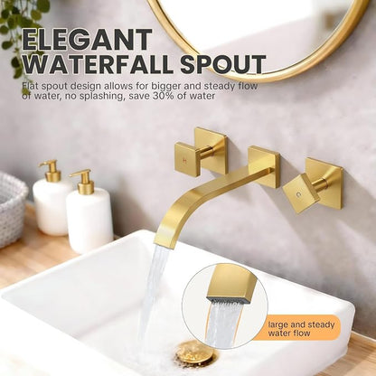 Wall Mounted Bathroom Sink Faucet, Brushed Gold Bathroom Faucet | Waterfall Bathroom Sink Faucet with Two Handles, Controllable Heat and Cold, Solid Brass Wall-Mount Washroom Faucets