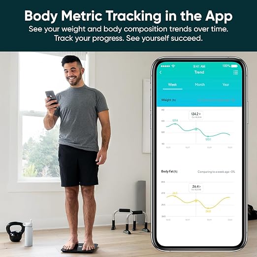 Wyze Smart Bathroom Scale & Body Analyzer, Bluetooth, 400 lbs, Black | Tracks 12 metrics, Crisp LED Display, Sync with Fitness Apps, Heart Rate Tracking, Auto-Recognition & Sharing