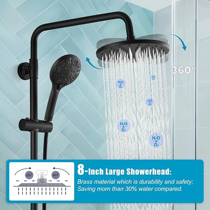 gotonovo Matte Black Exposed Shower Fixture Faucet Set Triple Function 8 Inch Rainfall Showerhead and Tub Spout Shower System Combo Unit, Multi Functional ABS Handheld