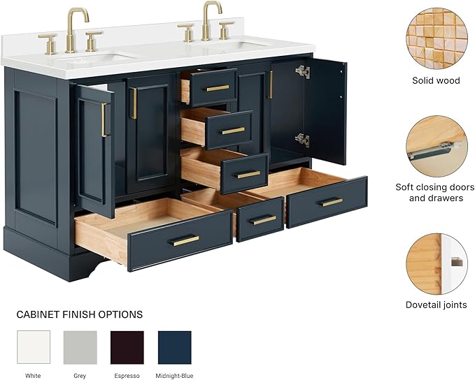 ARIEL Stafford 60-inch Bathroom Vanity with Sink,Solid Wood, 1.5-inch Pure White Quartz Countertop, Double Rectangular Porcelain Sink, 4 Soft Closing Doors, 6 Dovetail Drawers, Midnight Blue