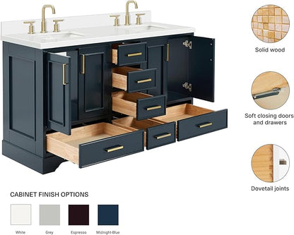 ARIEL Stafford 60-inch Bathroom Vanity with Sink,Solid Wood, 1.5-inch Pure White Quartz Countertop, Double Rectangular Porcelain Sink, 4 Soft Closing Doors, 6 Dovetail Drawers, Midnight Blue