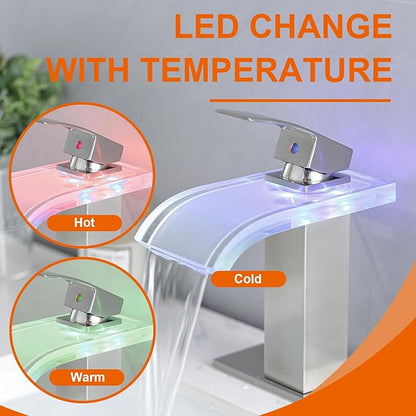 LED Bathroom Sink Faucet, Brushed Nickel Waterfall 1 Hole Single Handle Wide Glass Spout, Vanity Faucets for Sinks with Pop Up Drain Parts