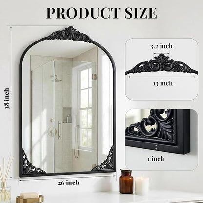 Vintage Arched Mirror 26x38 Inch Black Bathroom Mirror Antique Ornate Baroque Mirror for Living Room Entryway Bathroom Fireplace