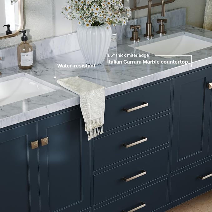 ARIEL Cambridge 72-inch Bathroom Vanity with Sink,Solid Wood, 1.5-inch Italian Carrara Marble Countertop, Double Rectangular Porcelain Sink, 4 Soft Closing Doors, 6 Dovetail Drawers, Midnight Blue