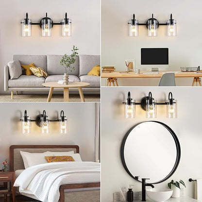 3 Lights Vanity Lights, Matte Black Bathroom Wall Light Fixtures over Mirror, Modern Wall Sconce with Clear Glass Shade, Farmhouse Wall Mount Porch Wall Lamp for Mirror, Kitchen, Living Room, Workshop