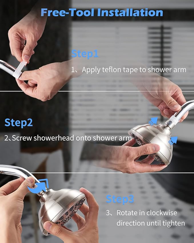 High Pressure Shower Head VMASSTONE 4.7" Rain Fixed Showerhead 7-Spray Setting with Adjustable Brass Swivel Ball Joint - Excellent Replacement for Your Bath Shower Head (FM-001 Brushed Nickel)