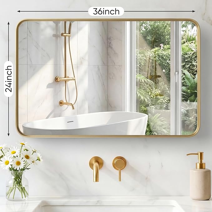 NEWBULIG 24"x36" Wall Mirror, Bathroom Mirrors for Over Sink, Gold | Matte Metal Framed Vanity Mirror with Tempered Glass, Entryway, Living Room, Bedroom