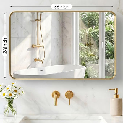 NEWBULIG 24"x36" Wall Mirror, Bathroom Mirrors for Over Sink, Gold | Matte Metal Framed Vanity Mirror with Tempered Glass, Entryway, Living Room, Bedroom