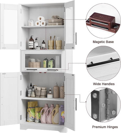 IDEALHOUSE 67" H Tall Bathroom Storage Cabinets with Drawer, White | Modern Freestanding Cabinet with Doors & Adjustable Shelves, Bathroom, Dining Room, Kitchen & Pantry, Laundry, Narrow Corner