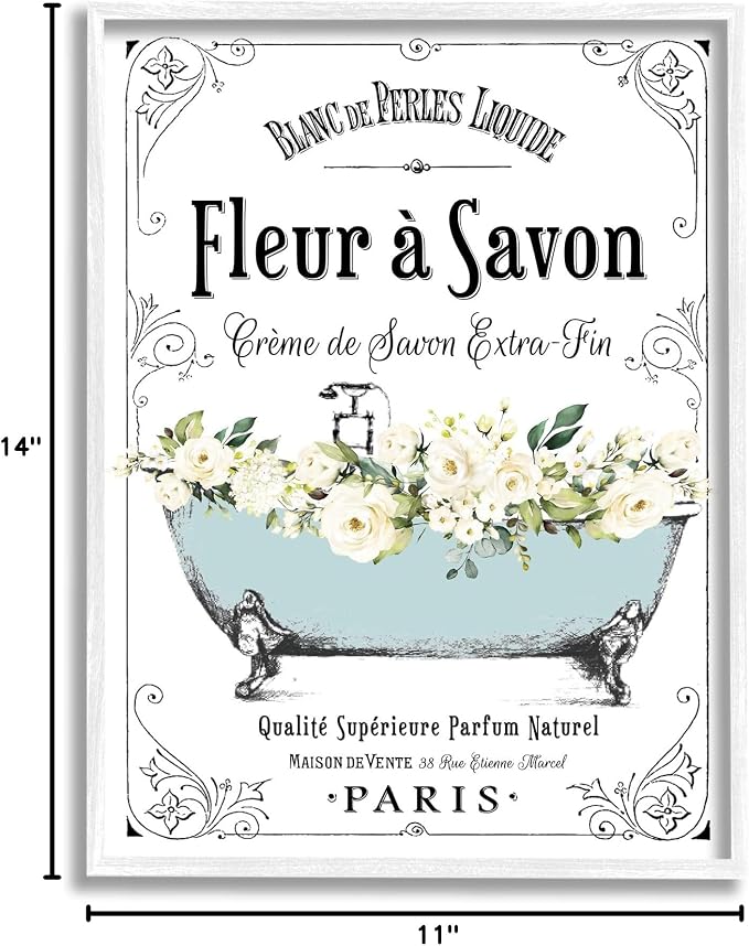 Stupell Industries 'Vintage Parisian Bathroom Advertisement Floral Blue Tub', Framed Giclee Art, White, 11 x 14 Inches, Easy to Hang and Sturdy, Made in USA, by Lettered and Lined