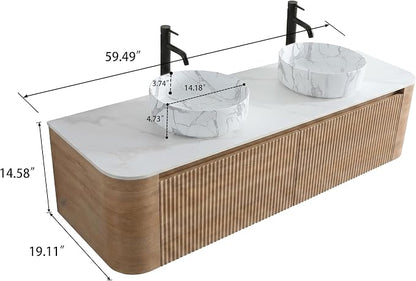 60" Preassembled Double Floating Bathroom Vanity with Carrara Sink, Oak | IMPORTANT: Before first use, please remove the protective foam insert beneath the drawer to ensure smooth, proper operation.