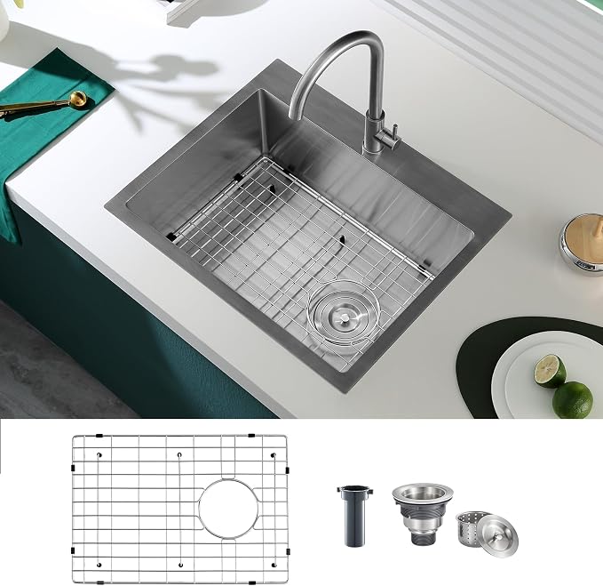 Brushed Topmount Kitchen Sink - 24”×18” Single Bowl Sink, Sink Grid | 9 Inch Deep Handmade Bar Sink with Strainer, Stainless Steel 304, Right Side Drain, X-Groove Drainage, Sound-Dampening Pad