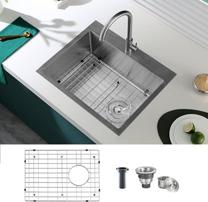Brushed Topmount Kitchen Sink - 24”×18” Single Bowl Sink, Sink Grid | 9 Inch Deep Handmade Bar Sink with Strainer, Stainless Steel 304, Right Side Drain, X-Groove Drainage, Sound-Dampening Pad