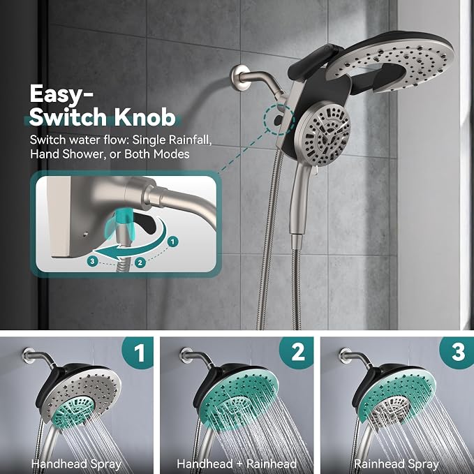 Foldable Rainfall Shower Head 9 Spray Settings/Modes Handheld Showerheads | High Pressure Shower Heads with Handheld Spray Combo, Built-in Magnetic Docking, Power Jets, Stainless Steel Shower Hose