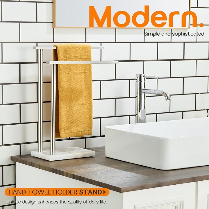 Free Standing Towel Rack Brushed Nickel 2-Tier Hand Towel Bars for Bathroom Vanity Countertop with Thicken Steady Marble Base, Stainless Steel AN7003BR