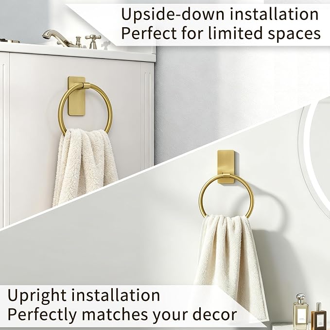 STWWO Gold Towel Ring for Bathroom, Adhesive Hand Towel Holder for Bathroom, Kitchen, No Drill | for Bath RV Kitchen, Self Adhesive Wall Mounted, No-Drill Stick On, Brushed Gold