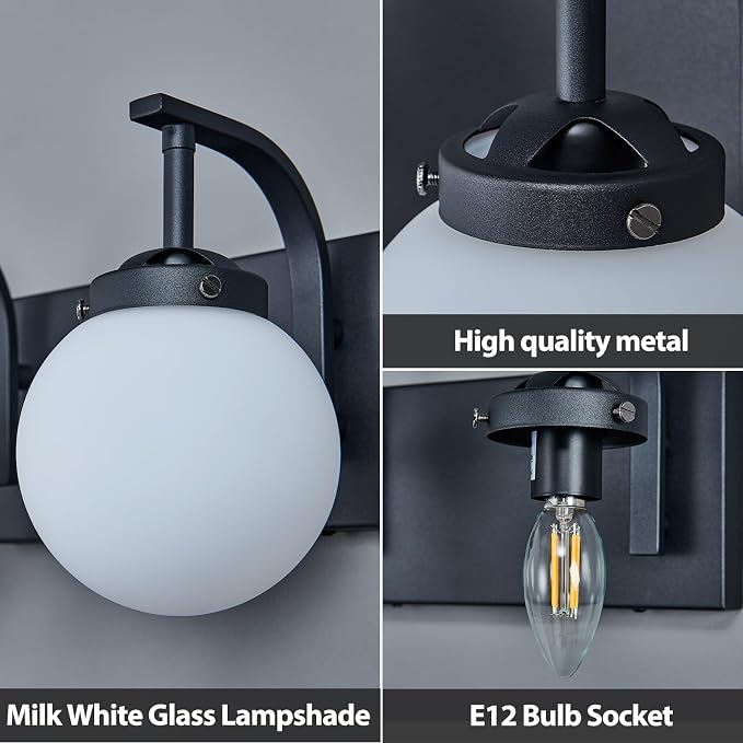 2 Lights Bathroom Vanity Light Fixtures Modern Sand Black Vanity Light with Milk White Glass Globe Shade Bathroom Lighting Over Mirror Wall Sconce for Bedroom Living Room Hallway