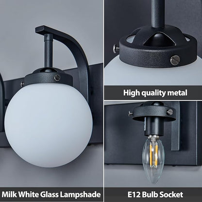 2 Lights Bathroom Vanity Light Fixtures Modern Sand Black Vanity Light with Milk White Glass Globe Shade Bathroom Lighting Over Mirror Wall Sconce for Bedroom Living Room Hallway