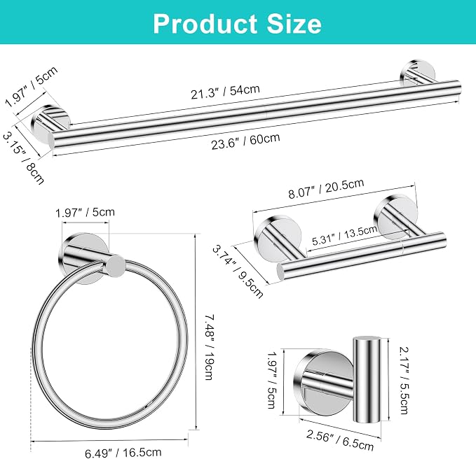 Polished Chrome Towel Bar Bathroom Hardware Accessories Set, 5 Pieces Toilet Paper Holder Towel Racks Set for Bathroom Stainless Steel Wall Mounted 23.6 in
