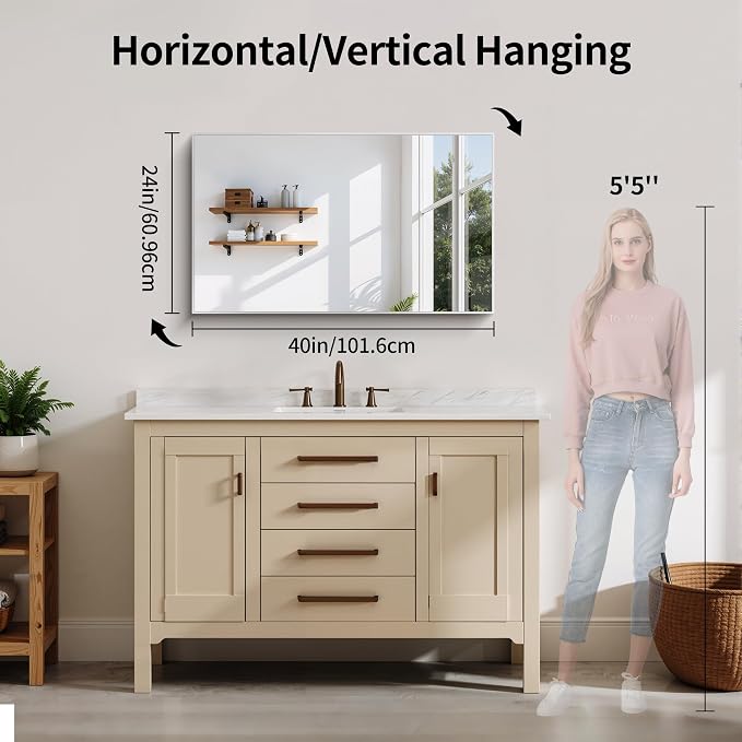 YIROMAN Bathroom Mirror 24"x40", Brushed Silver Large Bathroom Vanity Mirror with Aluminum Frame, Rectangular Bathroom Mirror for Over Sink with Right Angle, Wall Mirror Hangs Horizontal or Vertical