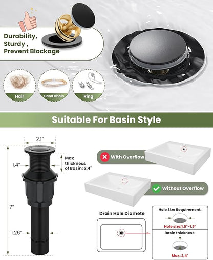 gotonovo Vessel Sink Faucet Modern Tall Bathroom Faucet Single Handle One Hole Stainless Steel Vanity Lavatory Rv Bowl Basin Mixer Tap with Supply Lines and Metal Pop Up Drain, Matte Black