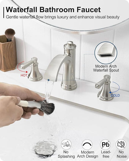 Brass Waterfall Bathroom Faucets, Brushed Nickel Bathroom Faucet 4-16 Inch, 2 Handle Widespread Bathroom Sink Faucet 3 Hole with Pop Up Drain and Supply Lines