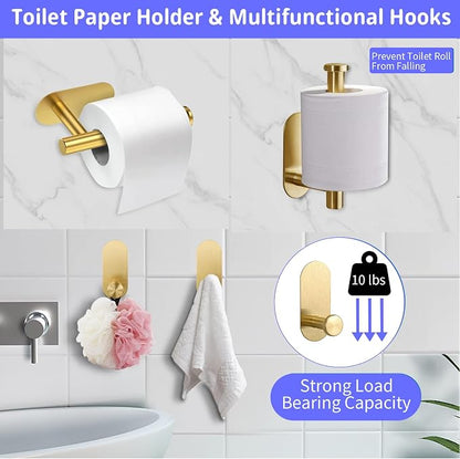 Bathroom Hardware Set, 16" Bathroom Towel Holder with Toilet Paper Holder, Towel Ring, Towel Hook, Bathroom Accessories for Kitchens, Laundry Rooms (5, Gold)