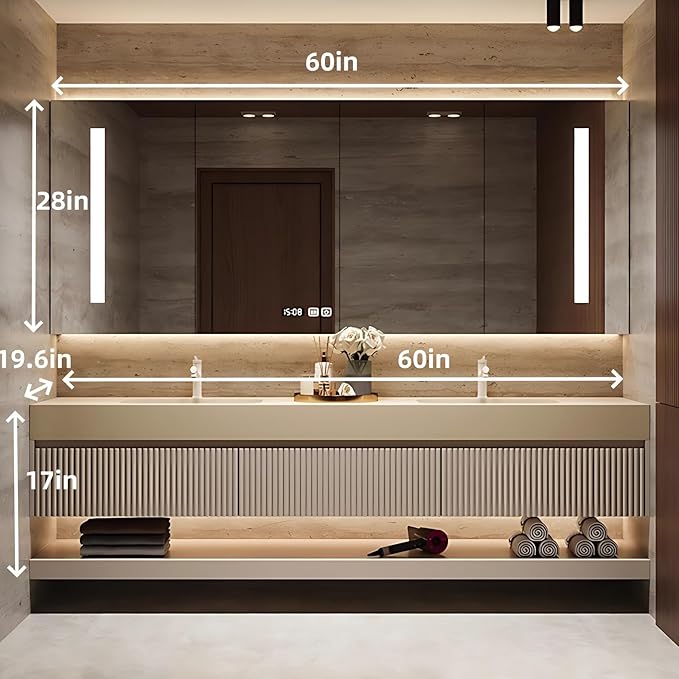 60in Modern Floating Bathroom Vanity with Double Sinks, Intelligent Defogging and Led Light, Wood Bathroom Vanities, Wall-Mounted Storage Cabinet