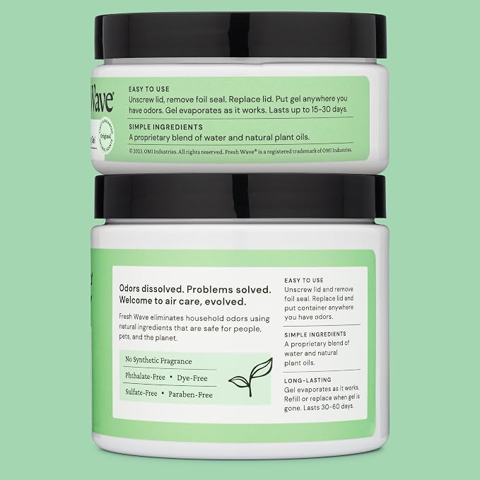 Fresh Wave Original Odor Eliminator Gel 2-Pack 15 oz & 7 oz Air Freshener | Plant-based formula. No parabens or harsh chemicals. EPA Safer Choice. Bathroom & closet odor absorber. Refillable.