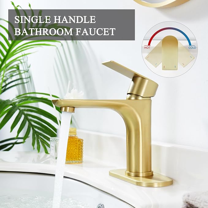 TONNY Single Handle Gold Bathroom Faucet | Stainless Steel Vanity Faucet with Deck Plate for 1 or 3 Holes, with Pop Up Drain for Vessel Sink Laundry Lavatory RV
