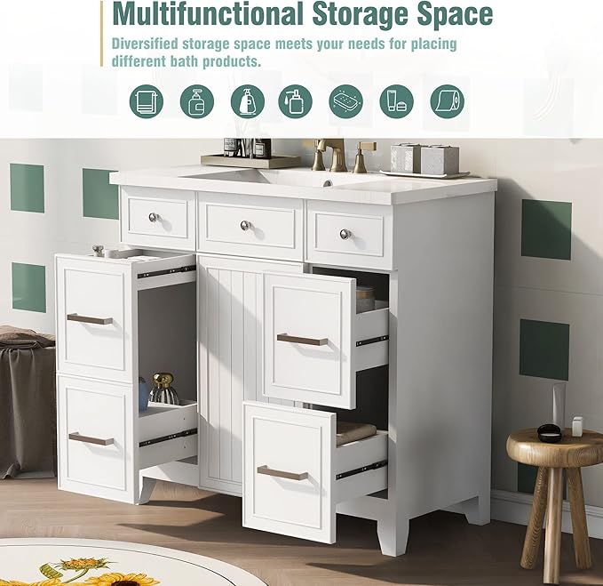 LUMISOL 36" Bathroom Vanity with Sink Top, Modern Bathroom Vanity with 3 Drawers & Cabinet, Solid Wood Bathroom Cabinet with Undermount Basin, White