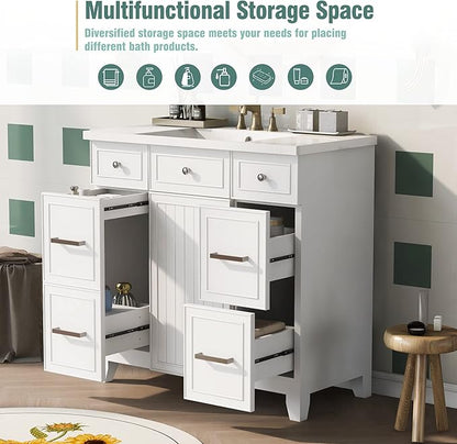 LUMISOL 36" Bathroom Vanity with Sink Top, Modern Bathroom Vanity with 3 Drawers & Cabinet, Solid Wood Bathroom Cabinet with Undermount Basin, White