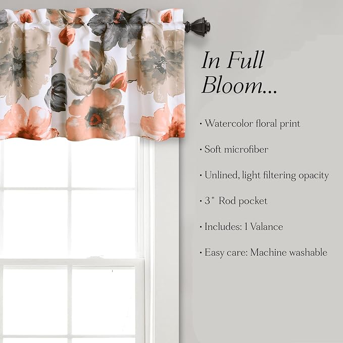 Lush Decor Leah Floral Light Filtering Valance, 52" W x 18" L, Coral & Gray - Valances for Windows - Parisian Decor - Farmhouse Kitchen Curtains Valance