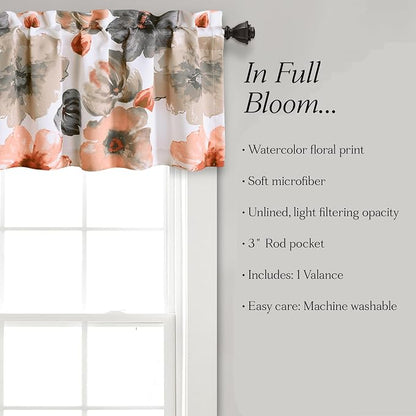 Lush Decor Leah Floral Light Filtering Valance, 52" W x 18" L, Coral & Gray - Valances for Windows - Parisian Decor - Farmhouse Kitchen Curtains Valance