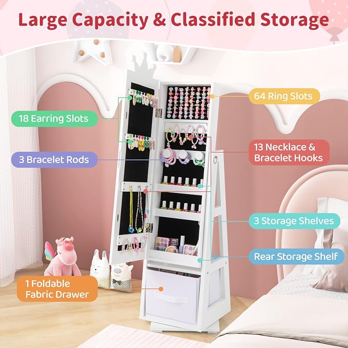 CHARMAID 360° Swivel Kids Jewelry Cabinet, 47" Full Length Mirror with Jewelry Storage, Jewelry Armoire with Drawer and Back Shelf, Kids Vanity Dressing Mirror Jewelry Organizer for Girls (White)