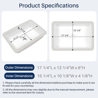 Enbol 17x12 inch Undermount Bathroom Sinks Rectangular White Porcelain Vessel Sink Modern Under Counter Lavatory Basin ECU1510