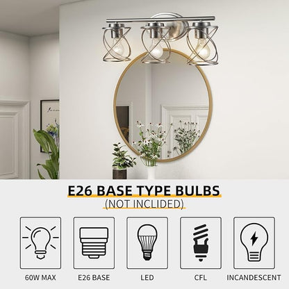 3-Lights Bathroom Vanity Lights, Bathroom Light Fixtures Over Mirror, Brushed Nickel Vanity Light, Farmhouse Wall Lights with Clear Glass Shade, Bathroom Wall Lamp for Mirror Kitchen Bedroom
