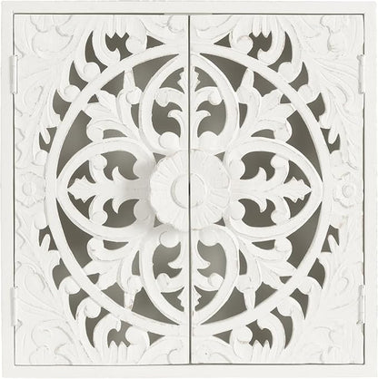 Kate and Laurel Saanvi Traditional Carved Wood Wall Cabinet; 20 x 6 x 20; White; Dimensional Over The Toilet Storage Cabinet for Bathroom Storage and Display