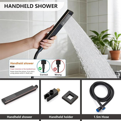 Midanya Shower System with Tub Spout,12 Inch Shower Head,Oil Rubbed Bronze | with Valve & Trim Kit,Square Rain Head,Handheld Sprayer,Waterfall Spout,All Metal Wall Mount Bathroom Shower Tub Faucet Set